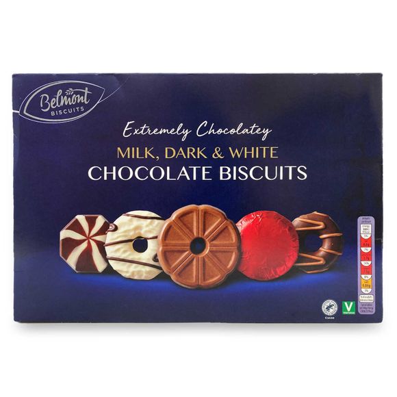 Milk, Dark & White Chocolate Biscuits 450g Belmont